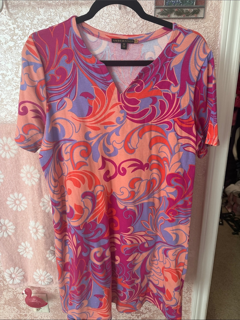 V-Neck Short Sleeve dress in Coral & Purple Swirl